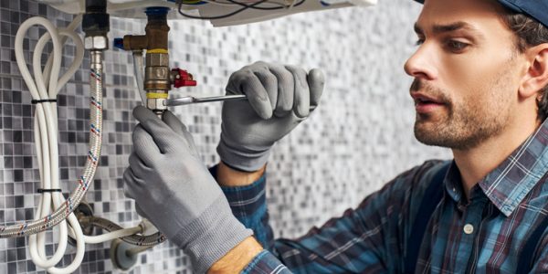Wrench always with you. Worker set up electric heating boiler at home. Close-up of young handyman